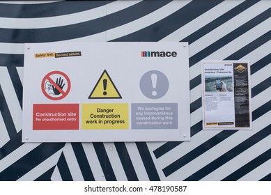 London, UK - 28 August 2016: Poster On Construction Site With Safety Alert Regarding Additional Measures Taken To Avoid Unauthorised Site Breaches By Pokemon Go Players.