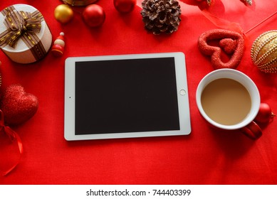 London, UK - 28 October 2017: Closeup On Using Apple Ipad 2 Smart Tablet For Business Strategy At Christmas Festive Table Background. Communication Technology Mockup Abstract Background. Joyful Time