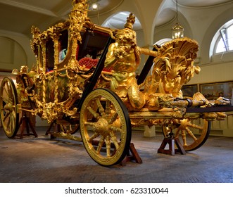 London, UK- 28.May,2014 - Gold State Coach In Royal Mews Of Buckingham Palace