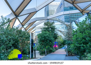 London, UK: 29 March 2021: Crossrail Place Roof Gardens, Canary Wharf