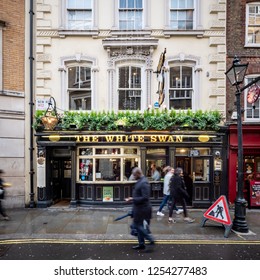 LONDON, UK - 3 DECEMBER 2018: The White Swan, Covent Garden, London. The Façade To A Typical Public House, Or Pub, In The Busy West End Area Of Central London.