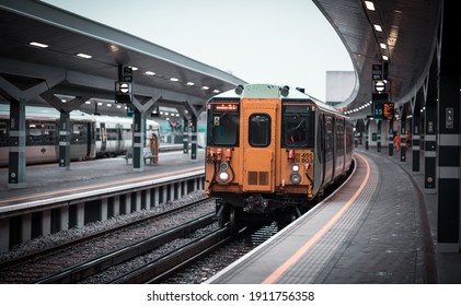 London, UK - 3 February, 2021: Train Arriving To London Bridge Station, No People Empty Platform. Generally Busiest Station Of The City Of London Now Empty Due To Covid Lockdown 