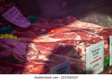 London, UK - 3 November, 2021 - Selection Of Raw Meat Displayed At A Butcher Shop In Walthamstow Market