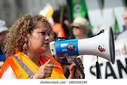 London, UK. 3rd August 2019. Anti-Fascist campaigner with megaphone at the "Oppose Tommy Robinson" counter demonstration, in protest of a march being held by far-right supporters of Mr Robinson.
