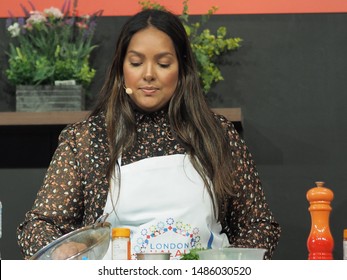 London, UK – 3rd August 2019 – Chef Shelina Permalloo, BBC MasterChef Winner And Owner Of Lakazmaman Restaurant, Holding A Cooking Demonstration At The London Halal Food Festival In Tobacco Docks 