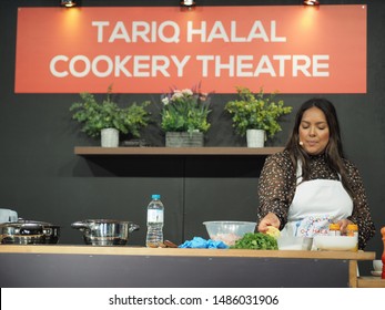 London, UK – 3rd August 2019 – Chef Shelina Permalloo, BBC MasterChef Winner And Owner Of Lakazmaman Restaurant, Holding A Cooking Demonstration At The London Halal Food Festival In Tobacco Docks