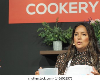 London, UK – 3rd August 2019 – Chef Shelina Permalloo, BBC MasterChef Winner And Owner Of Lakazmaman Restaurant, Holding A Cooking Demonstration At The London Halal Food Festival In Tobacco Docks