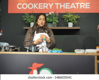 London, UK – 3rd August 2019 – Chef Shelina Permalloo, BBC MasterChef Winner And Owner Of Lakazmaman Restaurant, Holding A Cooking Demonstration At The London Halal Food Festival In Tobacco Docks