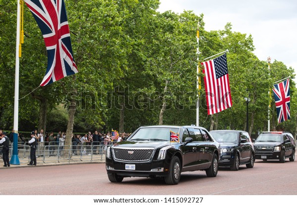London, UK. 3rd June, 2019. US President Donald Trump\
travels in his motorcade as he returns to Buckingham Palace. On the\
first day of the US president and First Lady\'s three-day State\
Visit to the UK