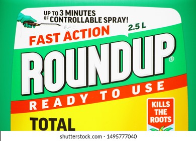 LONDON / UK - 4 SEPTEMBER 2019: RoundUp Label Close Up. RoundUp Is A Brand Of Herbicide Containing Glyphosate By Monsanto Company