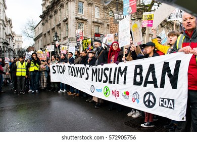 London, UK. 4th February 2017. EDITORIAL - Stop Trump's Muslim Ban rally -  Thousands march through central London, in protest of President Donald Trump's Muslim ban and his state visit to the UK.