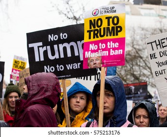 London, UK. 4th February 2017. EDITORIAL - Stop Trump's Muslim Ban rally - Thousands march through central London, in protest of President Donald Trump's Muslim ban and his state visit to the UK.