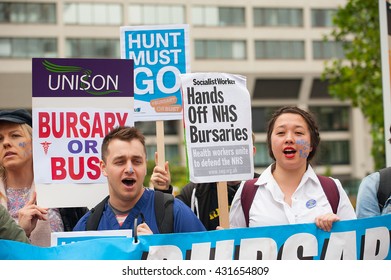 London, UK. 4th June 2016. EDITORIAL - Student Nurse Anthony Johnson Leads The Bursary Or Bust Rally Through London, In Protest Of Government Plans To Axe The NHS Bursary For Healthcare Students.