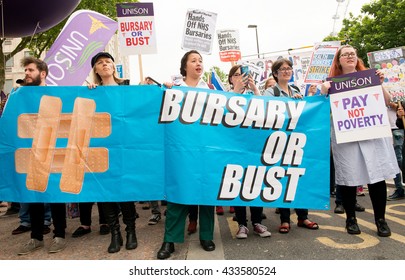 London, UK. 4th June 2016. EDITORIAL - Bursary Or Bust rally. Protest march by healthcare professionals through London, in protest of government plans to axe the NHS Bursary to healthcare students.