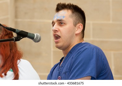 London, UK. 4th June 2016. EDITORIAL - Bursary Or Bust Rally. Student Nurse Anthony Johnson, Speaks Out In Protest Of Government Plans To Axe The NHS Bursary For Healthcare Students.