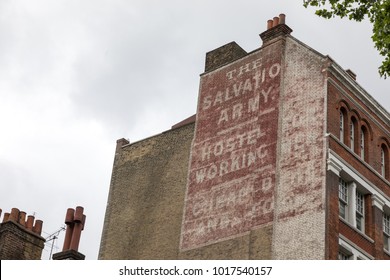 London UK - 5th June 2017: Advert, On The Brick Facade Of A London Building, For The Salvation Army, A Chartable Organisation Founded In The East End In 1865, To Provide Shelter For The Homeless