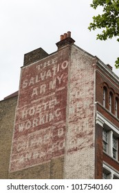 London UK - 5th June 2017: Advert, On The Brick Facade Of A London Building, For The Salvation Army, A Chartable Organisation Founded In The East End In 1865, To Provide Shelter For The Homeless