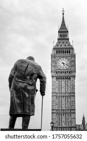 London, UK - 5th June 2017: Statue of the wartime British Prime Minister Winston Churchill, with the tower of Big Ben in the background. Parliament square, City of Westminster. 