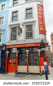 London, UK - 6 March 2021: The Coach And Horses Pub, Greek Street, Soho, London