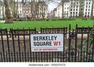 London, UK - 6 March 2021: Berkeley Square W1 Sign, Mayfair, London