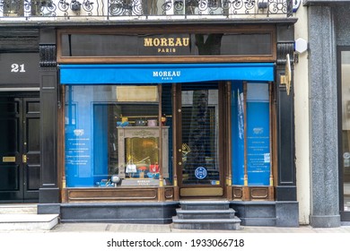 London, UK - 6 March 2021: Moreau Paris designer leather goods store, Brunton Street, Mayair, London
