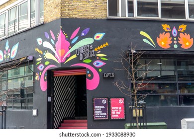 London, UK - 6 March 2021: Queen Of Hoxton Rooftop Bar Entrance, Curtain Road, Shoreditch, East London