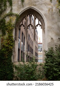 London, UK – 7 30 2022:  Climbing plants, shrubs and trees, reclaim the ruined former City of London church of St Dunstan-in-the-East, largely destroyed in the 1941 wartime Blitz, now a public garden.