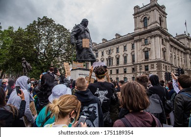 London / UK - 7 June 2020: Statue of Winston Churchill in London's Parliament Square is defaced for second day amidst Black Lives Matter protest