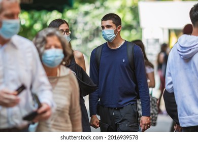 London, UK - 9 July, 2021 - Crowd Wearing Protective Face Masks While Shopping In Borough Market