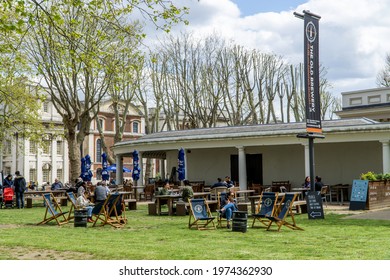 London, UK - 9 May 2021: Greenwich Meantime Brewing Company Beer Garden, Greenwich
