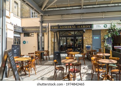 London, UK - 9 May 2021: The Admiral Hardy Pub Beer Garden, Greenwich Market, London