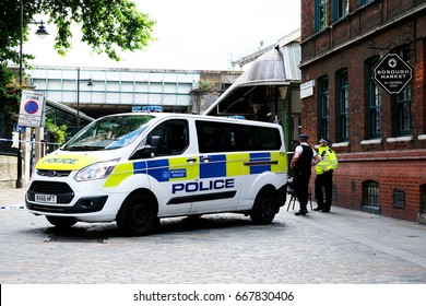 London, UK. 9th June 2017. EDITORIAL - Metropolitan Police Officers On High Alert In Central London, After A Recent Terrorist Attack At Borough Market, Police Seal Off The Crime Scene Area With Tape.