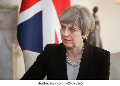 LONDON, UK - Apr 10, 2017: Prime Minister of the United Kingdom Theresa May during an official meeting with the President of Ukraine Petro Poroshenko at 10 Downing Street in London