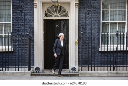 LONDON, UK - Apr 10, 2017: Prime Minister of the United Kingdom Theresa May during an official meeting with the President of Ukraine Petro Poroshenko at 10 Downing Street in London