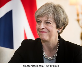 LONDON, UK - Apr 10, 2017: Prime Minister of the United Kingdom Theresa May smiling during an official meeting with the President of Ukraine Petro Poroshenko at 10 Downing Street in London