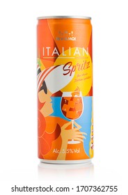 LONDON, UK - APRIL 01, 2020: Aluminium Can Of Beviamo Italian Spritz On White. The Classic Italian Aperitif