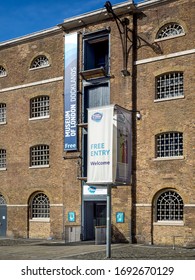 LONDON, UK - APRIL 05, 2018:   Signs Outside Museum Of London Docklands