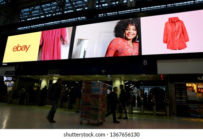 London, UK/ April 10, 2019: Massive Advertising Billboard For The Ebay Company At Waterloo Train Station.