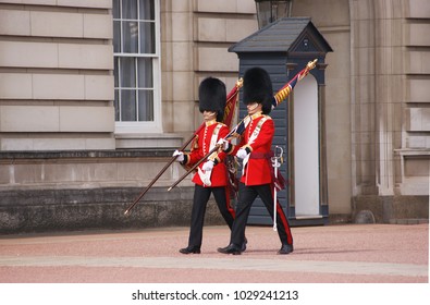 London, UK - April 12, 2017: 
Standard Bearers Of The Irish Guards Regiment Of The Royal Guard