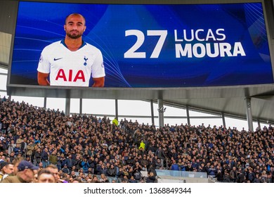 London, UK - April 13 2019: The Big Screen, In The New Tottenham Hotspur Stadium, With Lucas Moura Pictures