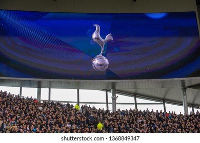 London, UK - April 13 2019: The Big Screen, In The New Tottenham Hotspur Stadium, With Pictures Of Tottenham Hotspurs Logo