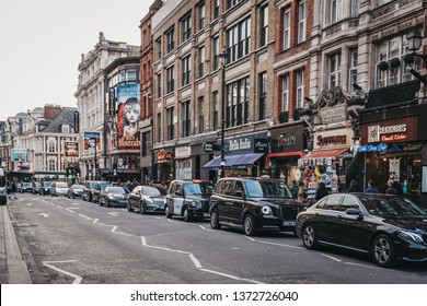 London, UK - April 13, 2019: Traffic On Shaftesbury Avenue, A Major Street In The West End Of London, Named After Anthony Ashley Cooper, 7th Earl Of Shaftesbury.