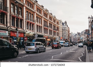 London, UK - April 13, 2019: Traffic On Shaftesbury Avenue, A Major Street In The West End Of London, Named After Anthony Ashley Cooper, 7th Earl Of Shaftesbury.