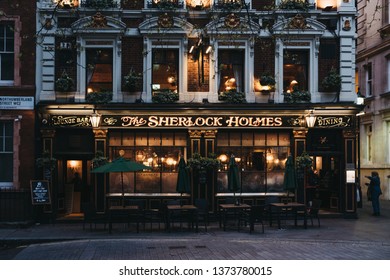 London, UK - April 13, 2019: Facade Of Sherlock Holmes Pub In London, A Traditional English Pub With Holmes-themed Memorabilia, Restaurant And Roof Garden.