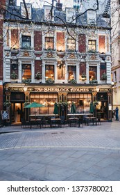 London, UK - April 13, 2019: Facade Of Sherlock Holmes Pub In London, A Traditional English Pub With Holmes-themed Memorabilia, Restaurant And Roof Garden.