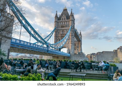 London, UK - April 13 2021: Tower Bridge Beer Garden, River Thames, Shad Thames, London