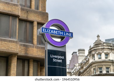 London, UK - April 13 2021: Elizabeth Line station entrance sign, Liverpool Street, London