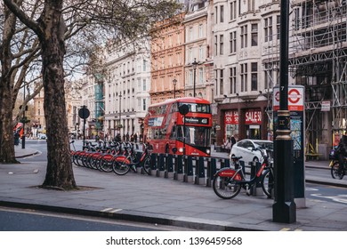 London, UK - April 14, 2019: Santander cycles docking station on Pall Mall East, London. Santander cycles are part of transport for London and are a popular option for commute in the city. 