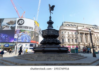 London, UK - April 14, 2021: Piccadilly Circus Without Tourists During The Coronavirus Pandemic