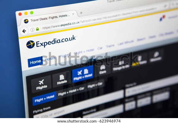 LONDON, UK - APRIL 15TH 2017: The homepage of the\
official website for Expedia, an online travel and booking website,\
on 15th April 2017.